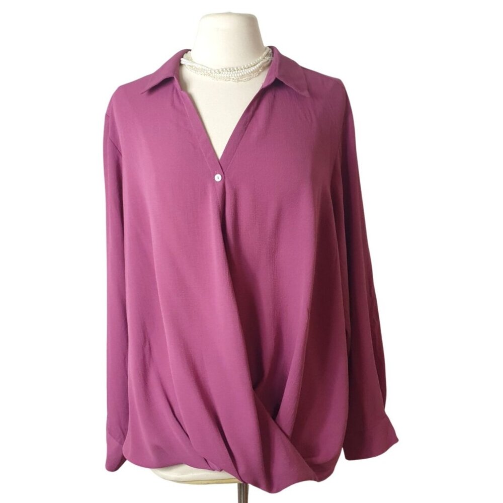 Zac & Rachel Woman Blouse 2X Rose Draped Front Button-Up Long Sleeve Chic Luxe